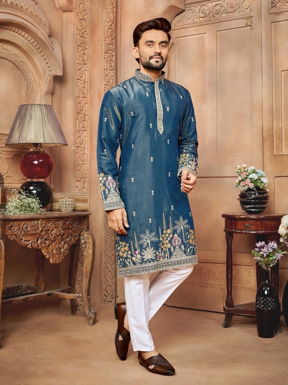 Designer Men’s Kurta Pajama Set Embroidered Wedding Wear Bollywood Style