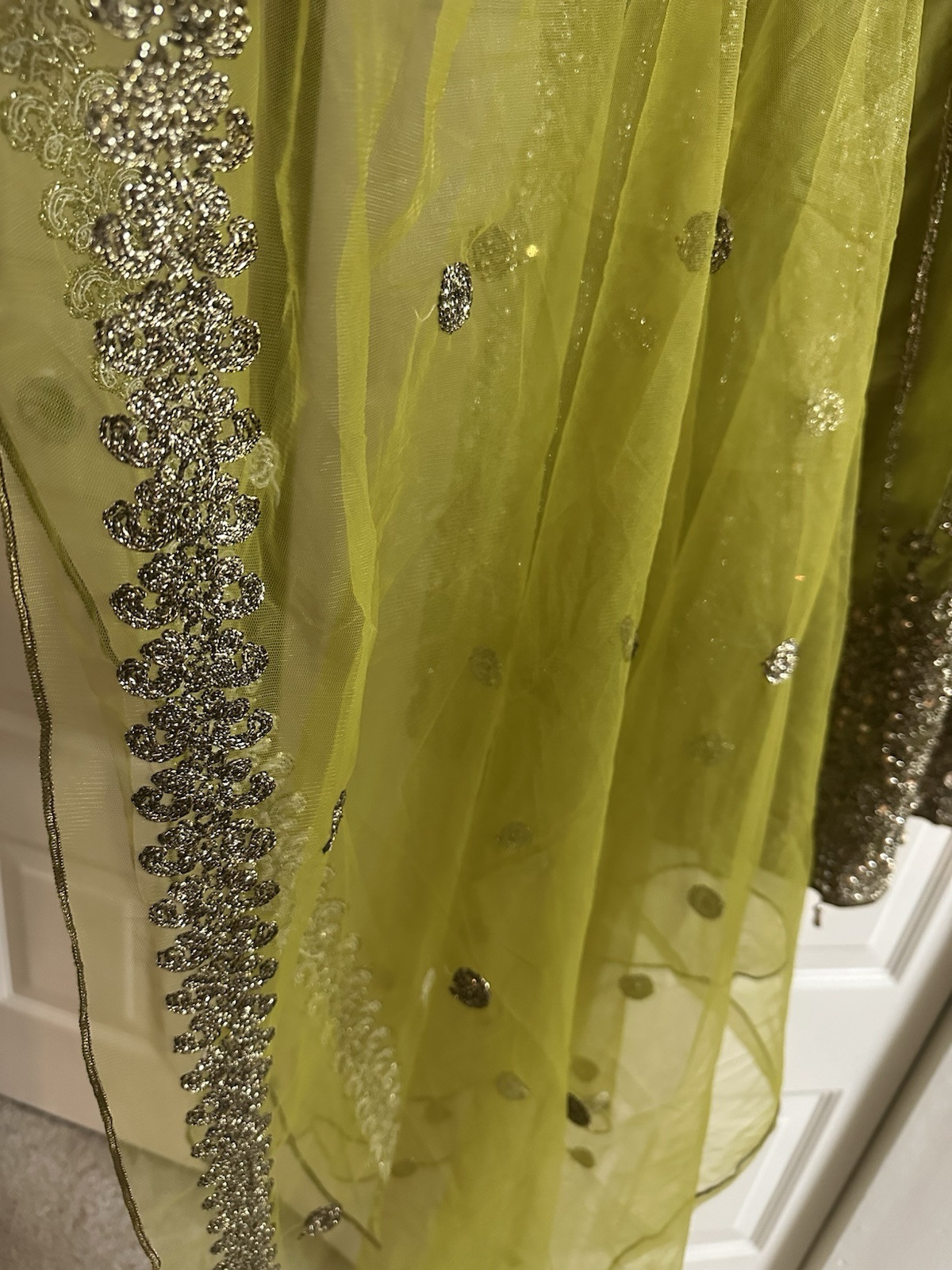 Green Heavy Embodied Work On Net A Line Frock Kameez Trouser Large