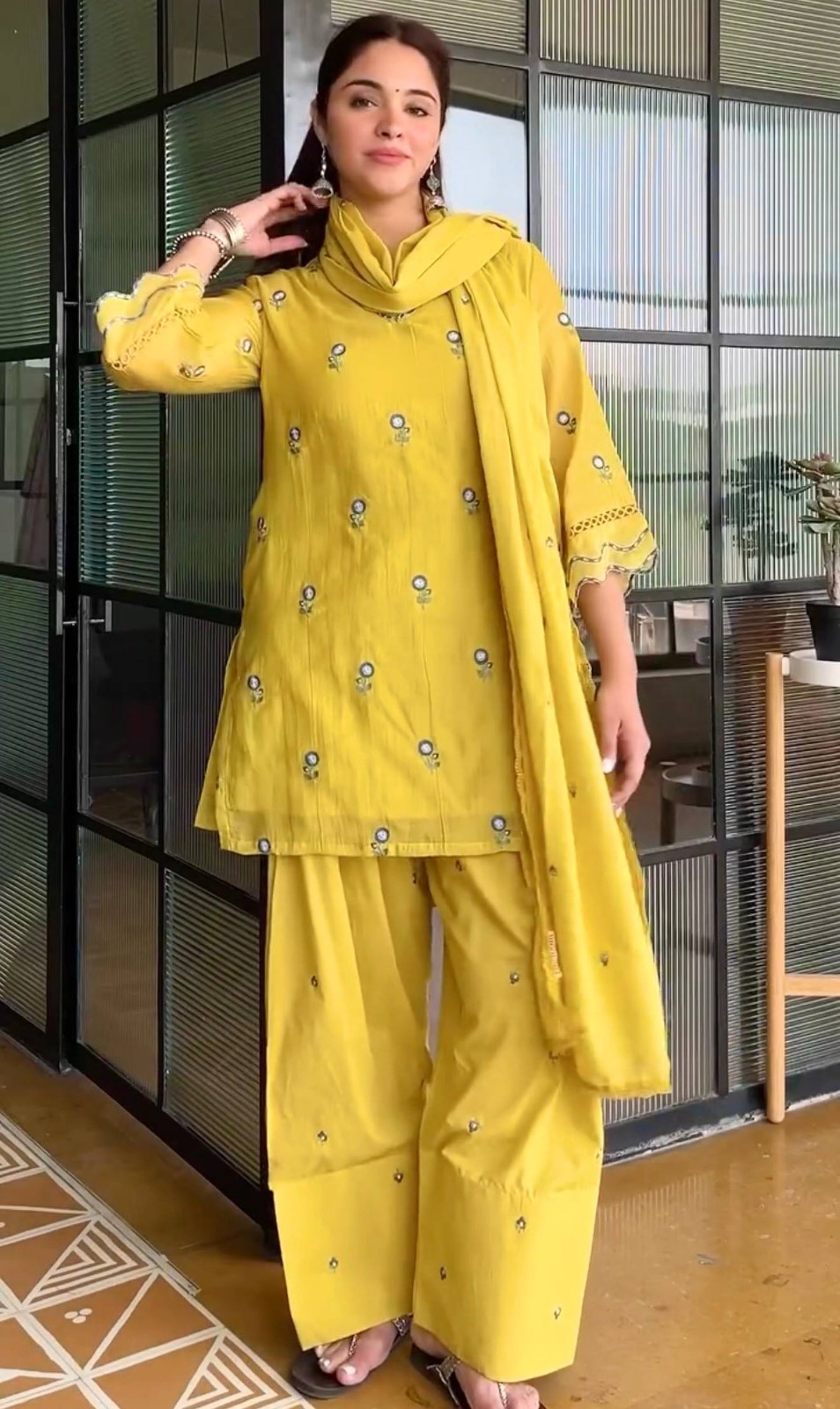 Indian Designer Yellow Chanderi Kurta Pant Dupatta Set Party Ethnic Wear Women
