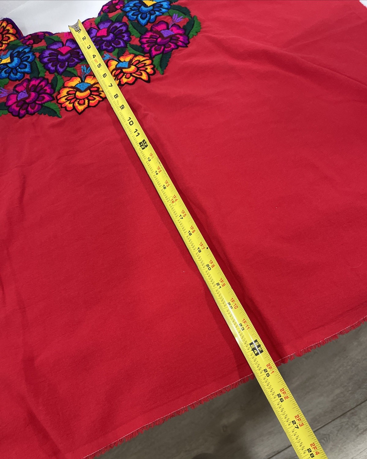 Mexican Blouse Very Large Red Embroidered Floral Hand Stitched-READ