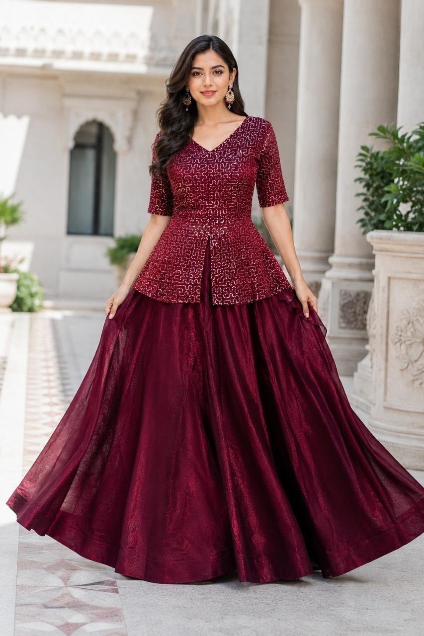 Women’s Fendy Satin Lehenga Choli Embroidered Sequins Wedding Party Wear
