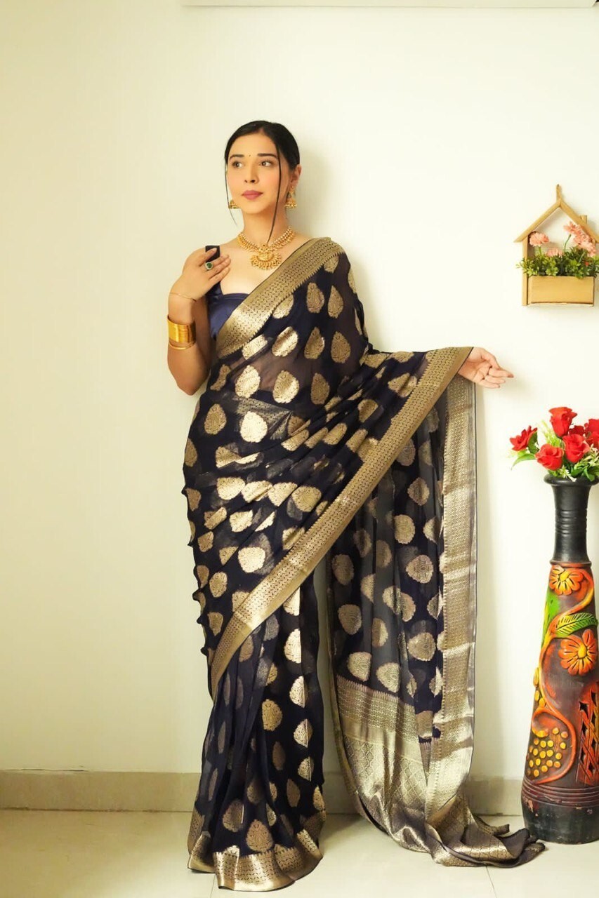 Beautiful Black Color Weaving Silk One Minute Ready To Wear Saree With Blouse Pc