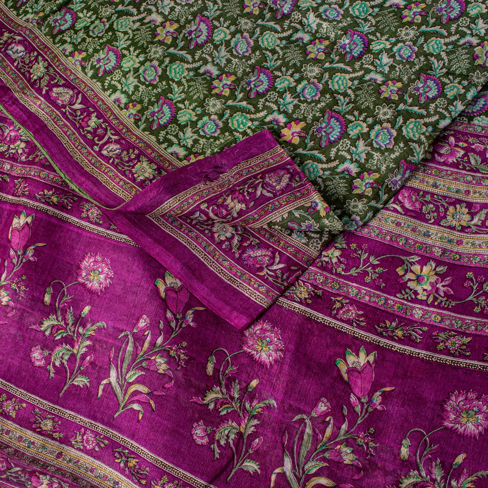 Sanskriti Vintage Green-Purple Pure Silk Sari Floral Digital Printed Saree 5.5Yd
