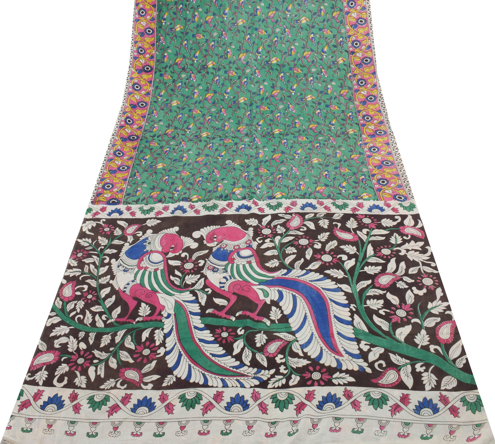 Sushila Vintage Green Saree 100% Pure Cotton Kalamkari Printed Soft Craft Fabric