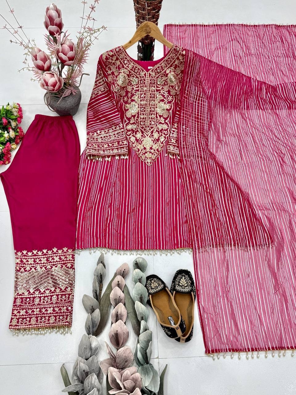 New Designer Nylon Pink Top Palazzo With Dupatta For Women Party Wear