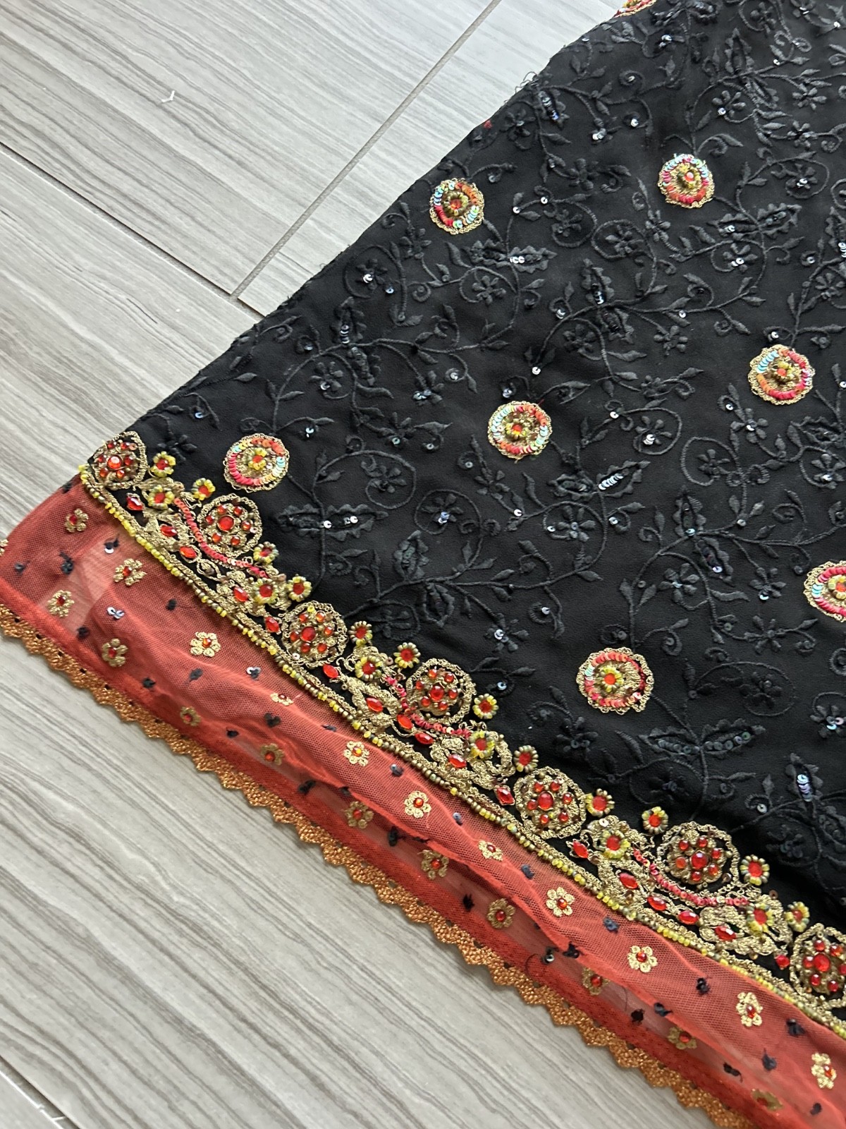 Vintage Indian Embroidered Tunic Dress Black Gold Red Beaded Ethnic Boho Kurti S