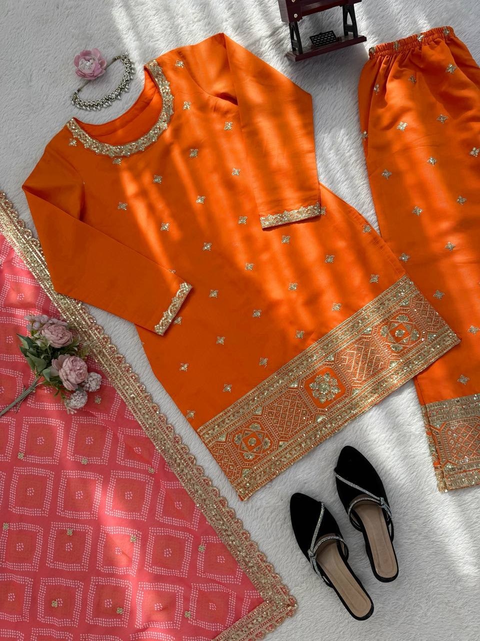 Latest Chinon Silk Orange Palazzo Suit With Dupatta For Indian Ethnic Wear
