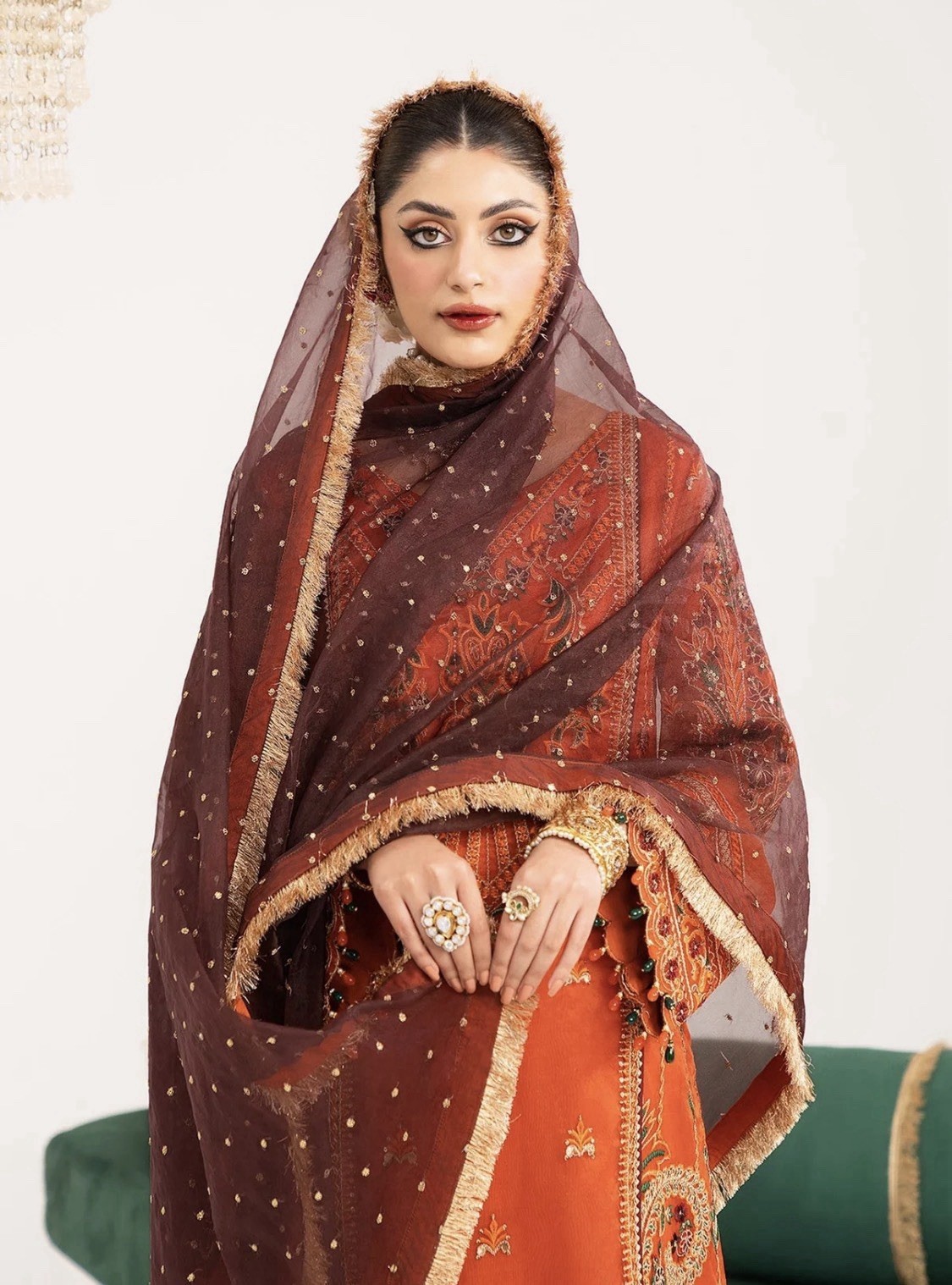 pakistani Stunning embroidered 3 Piece Orange Party Outfit Size Medium