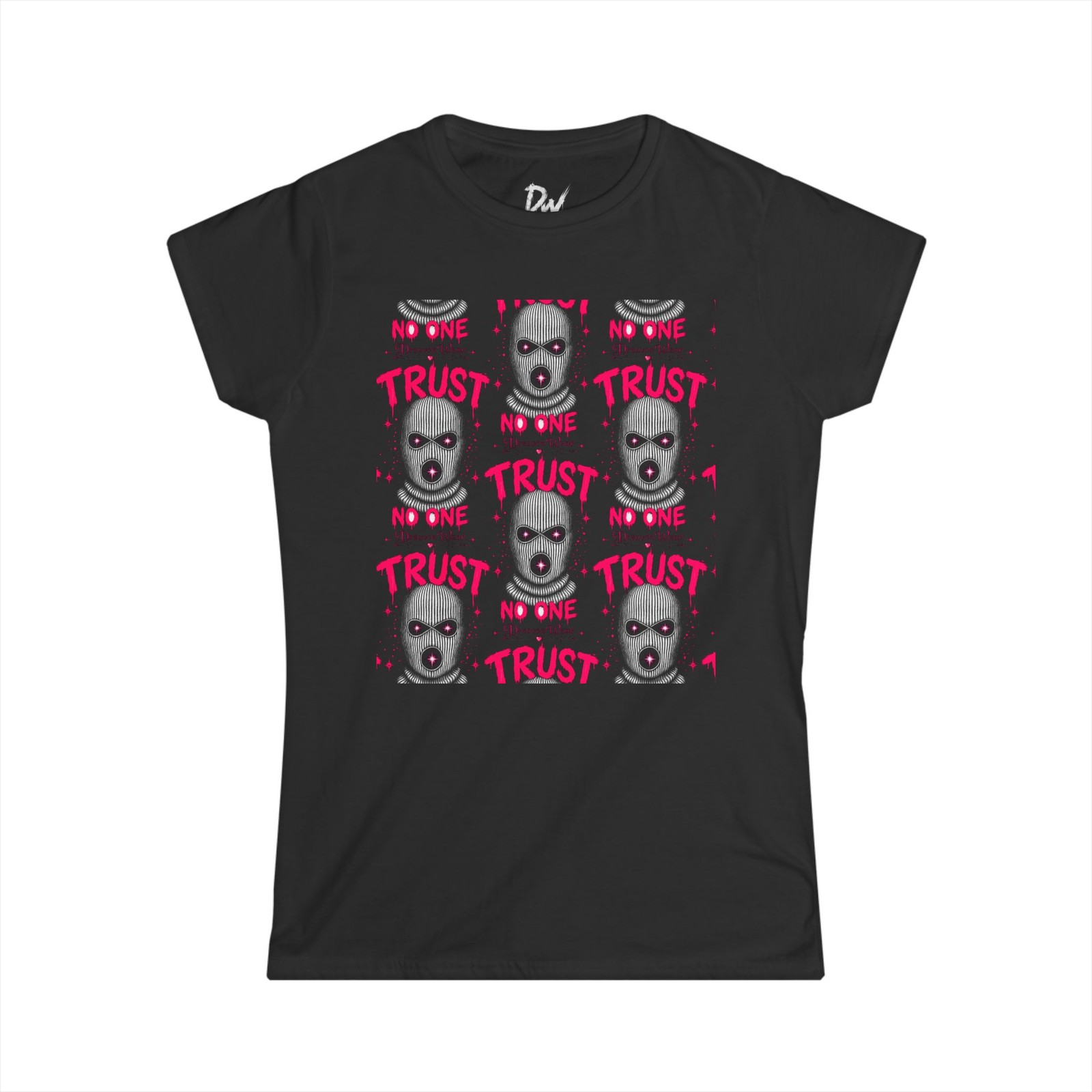 Trust No One Women’s Softstyle T-Shirt Pink Ski Mask Graphic Tee
