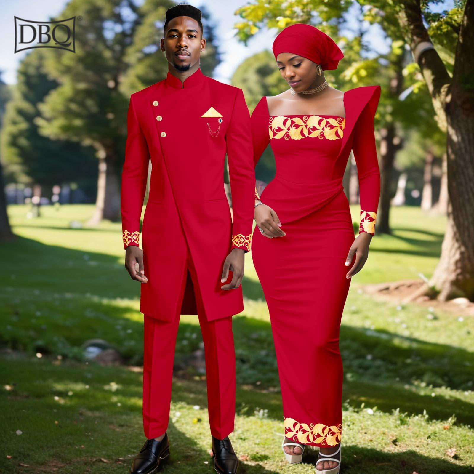 African Clothes for Couple Men`s Blazer Suit and Women`s Maxi Dress + Headscarf