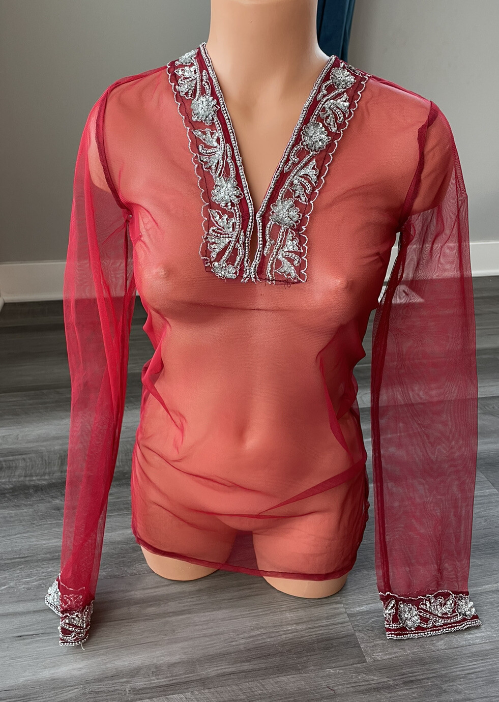 Passport Red Mesh Indian Tunic Top Kurti Kurta S NWT Silver Beading Sequins