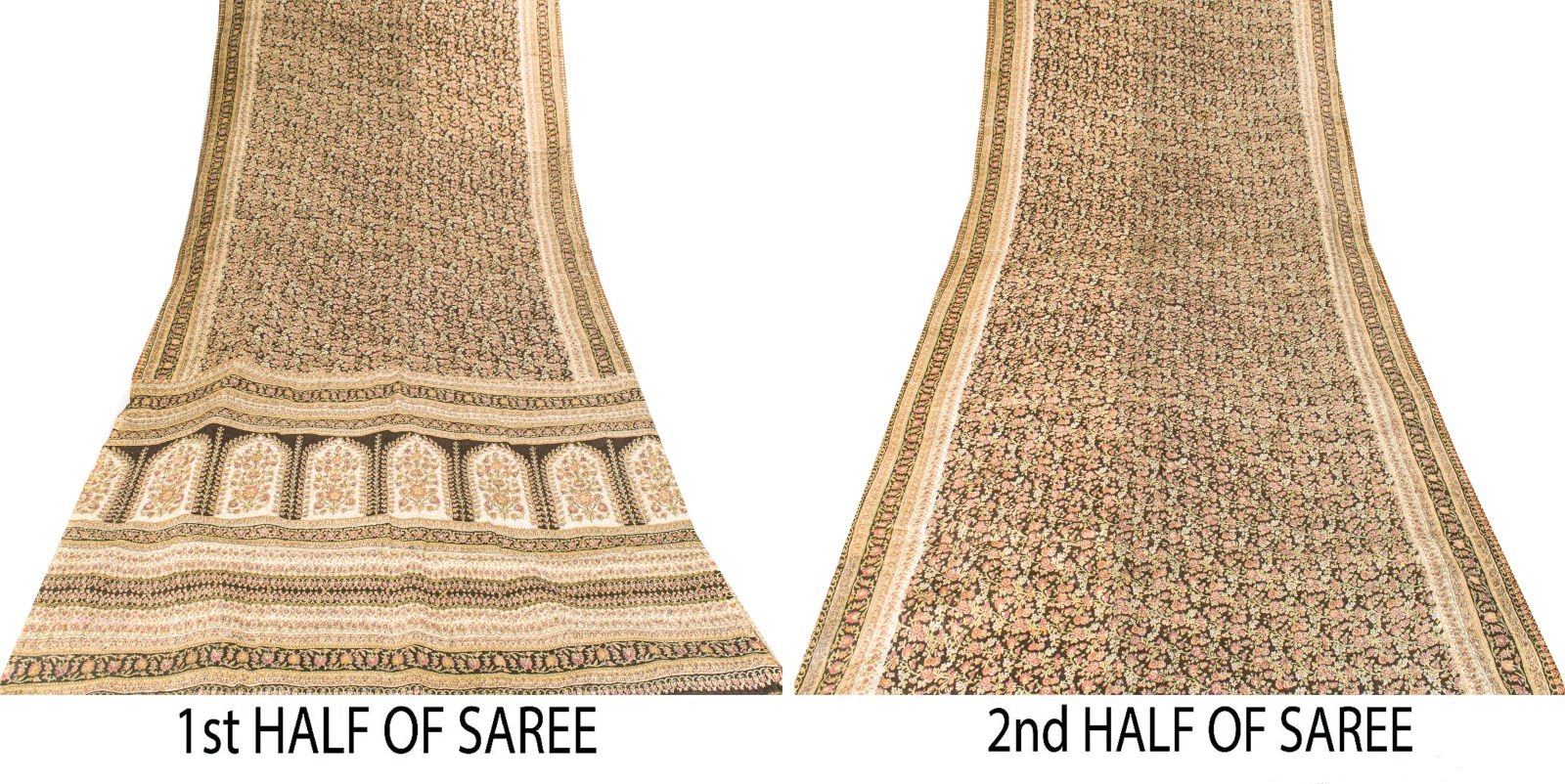 Sanskriti Vintage Brown Saree Pure Silk Kantha Embroidered Floral Print Sari 5Yd
