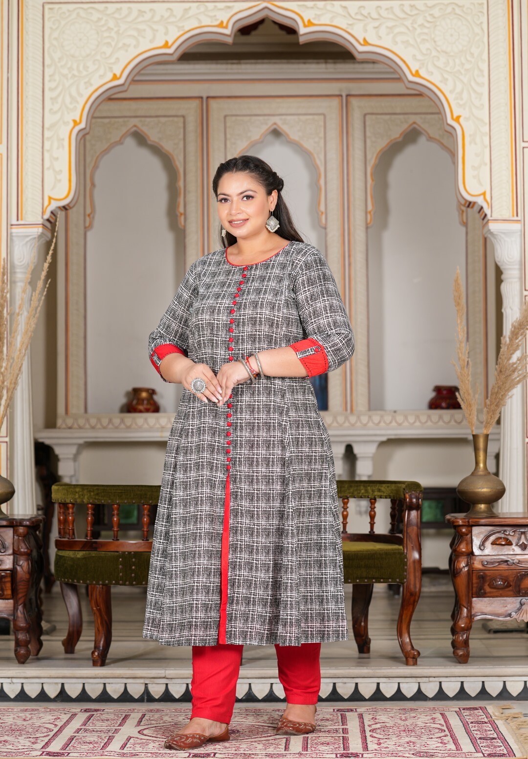 YASH GALLERY Women’s Plus Size Cotton Printed Grey Anarkali Kurta