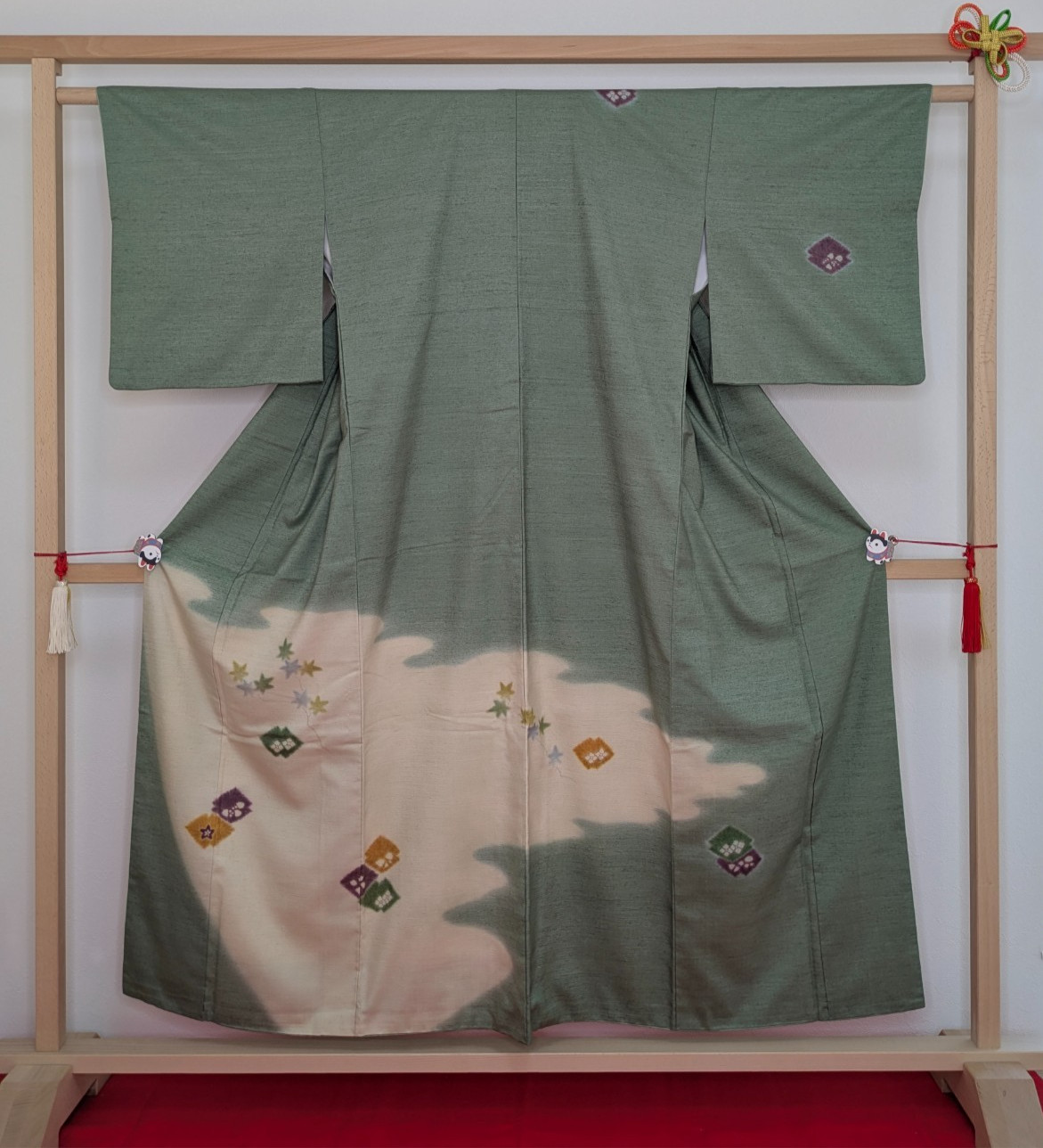 Authentic Japanese Kimono Robe Silk Paint Tsumugi Green Small Floral Textile Art
