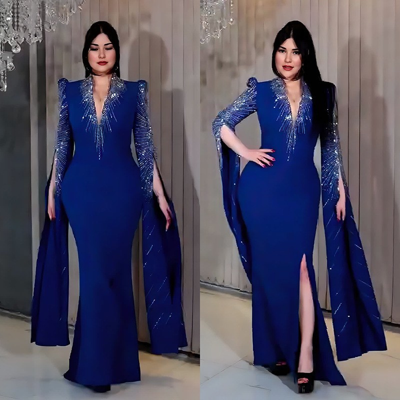 Arab V-Neck High-End Fashion Dress Rhinestone Socialite Style Slim Fit Red Dress