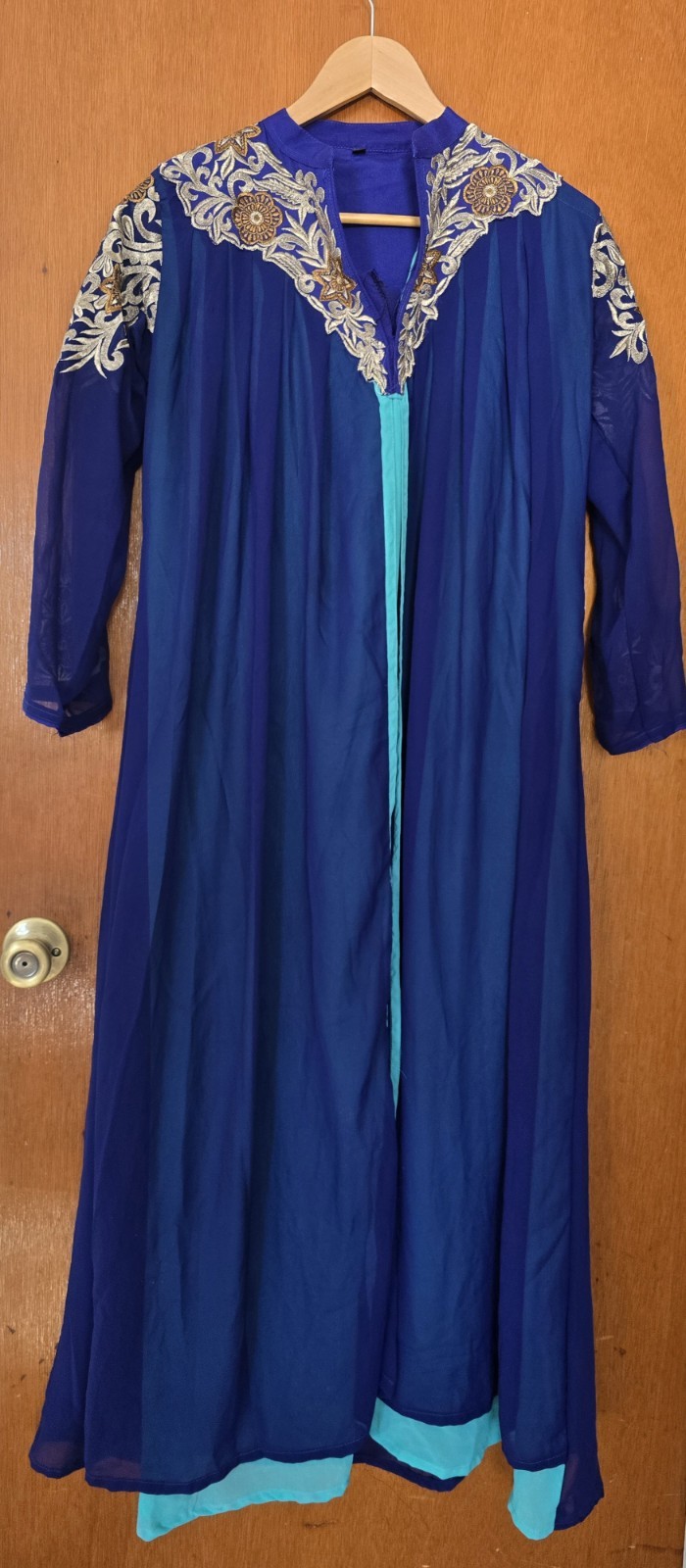 Blue Embroidered Women’s Kurta, Silver Floral Detail, Size 42