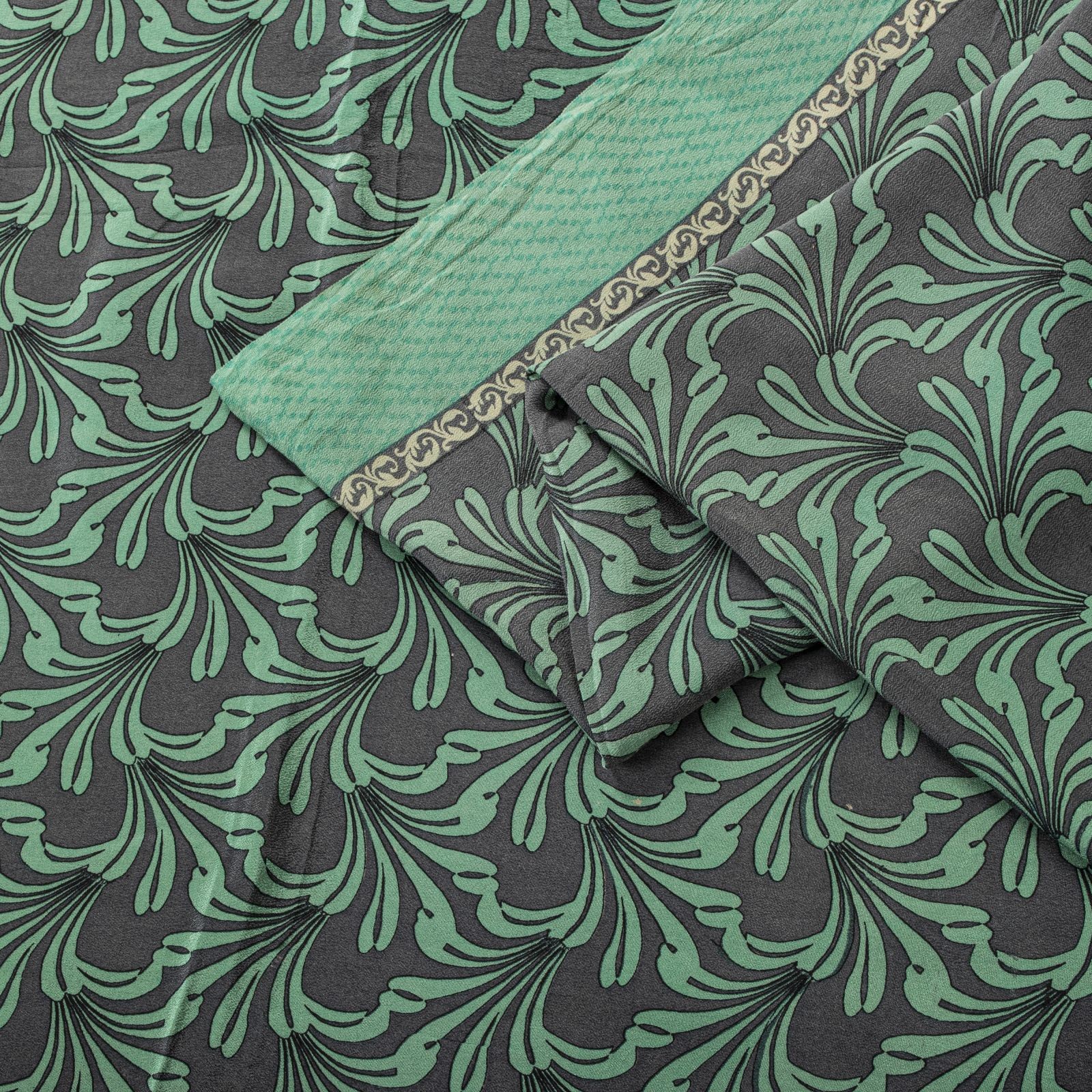 Sanskriti Vintage Saree Green Pure Crepe Floral Printed Sari 5.5Yd Craft Fabric