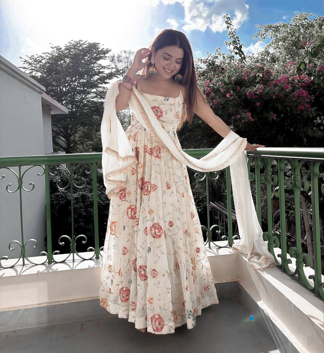 Designer Faux Georgette White Gown Bottom With Dupatta For Indian Party Wear