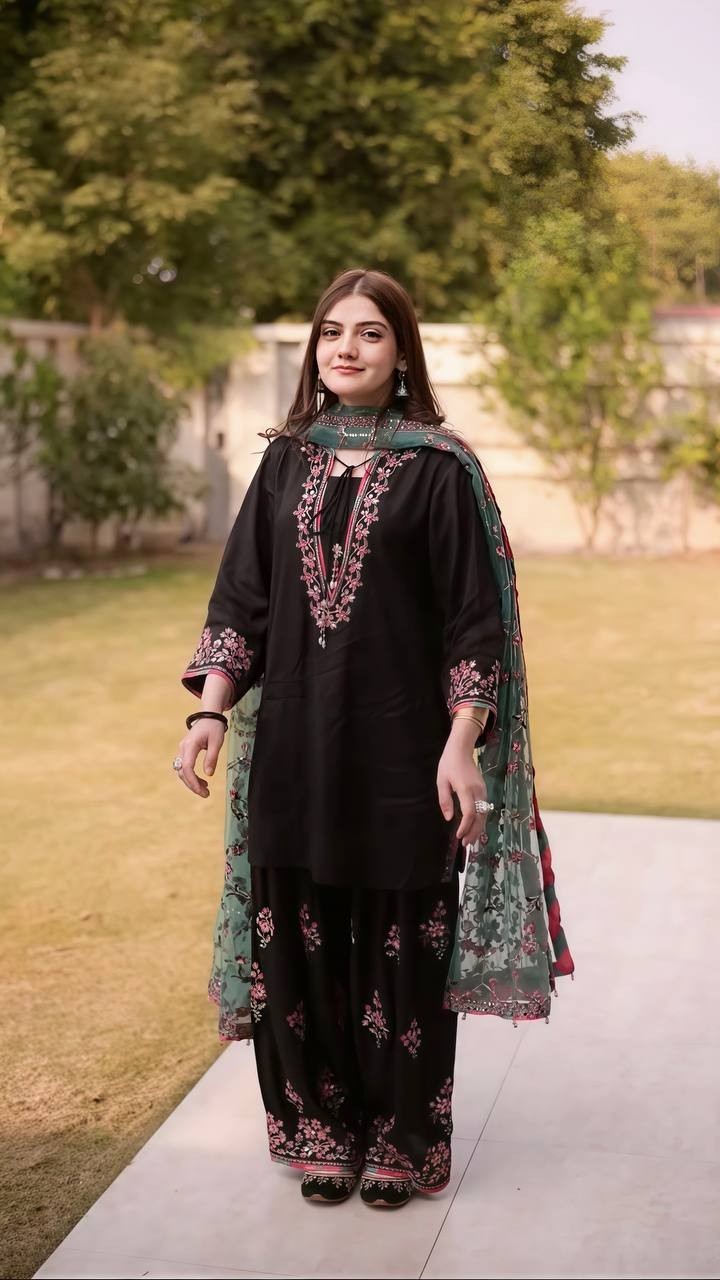 Latest Pure Roman Glass Silk Black Top Bottom With Dupatta For Party Wear