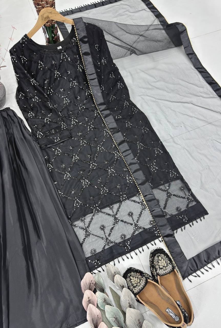 Attractive Reception Wear Soft Net Kurta Palazzo With Dupatta For Women