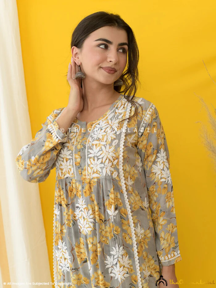 Yellow Modal Chikankari Straight Kurta Set Lucknow Chikankari Handcrafted Set