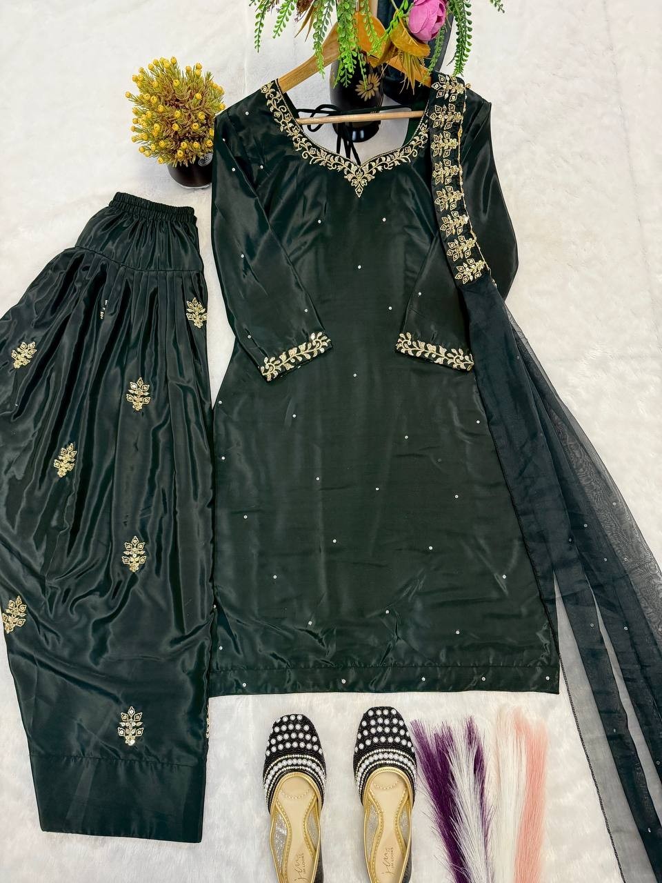Latest Heavy Natural Crep Silk Black Top Bottom With Dupatta For Festival Wear