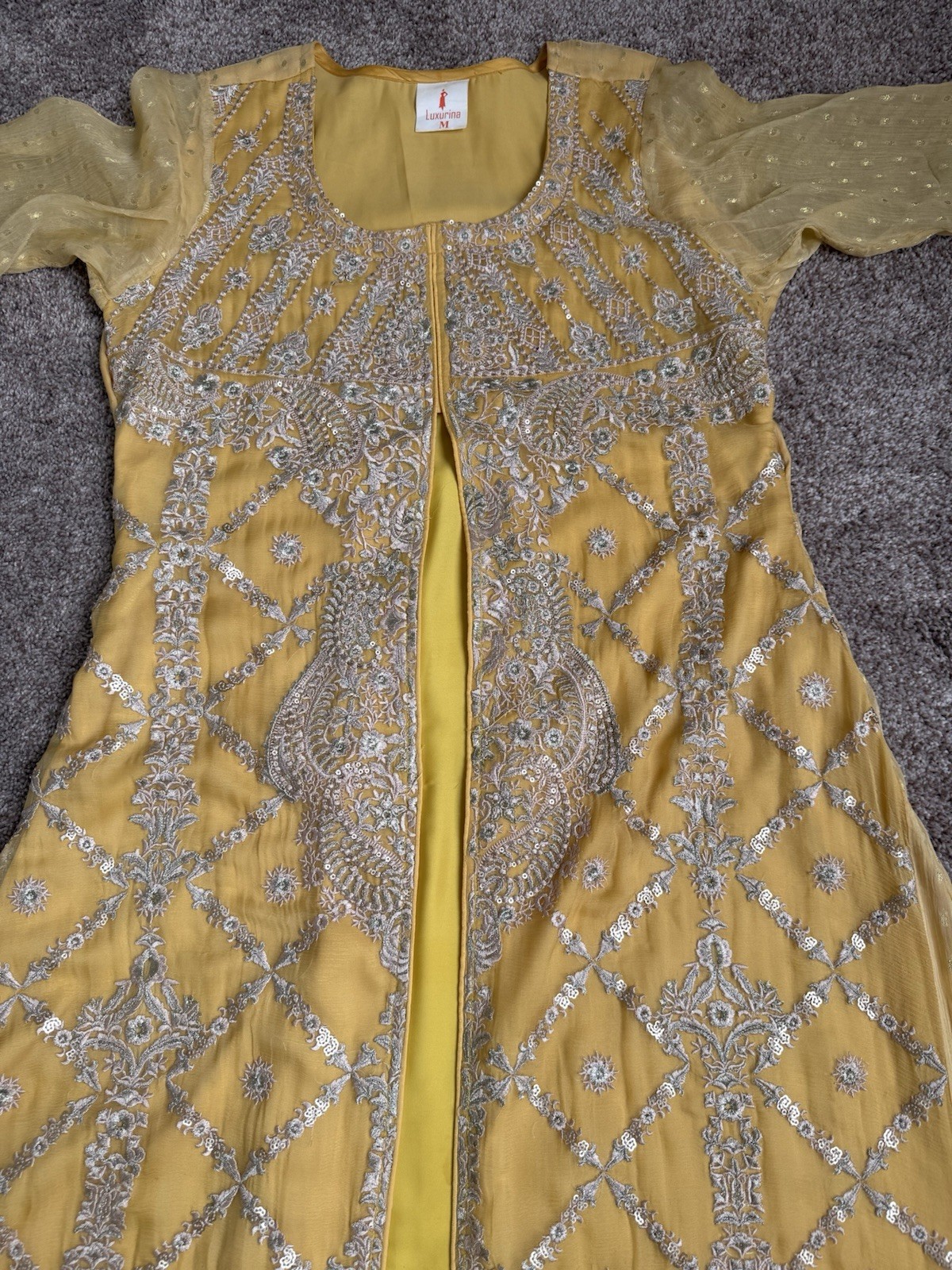 Yellow Open-Front Embroidered Chiffon Dress with Dupatta | Mehndi/Maiyon Outfit