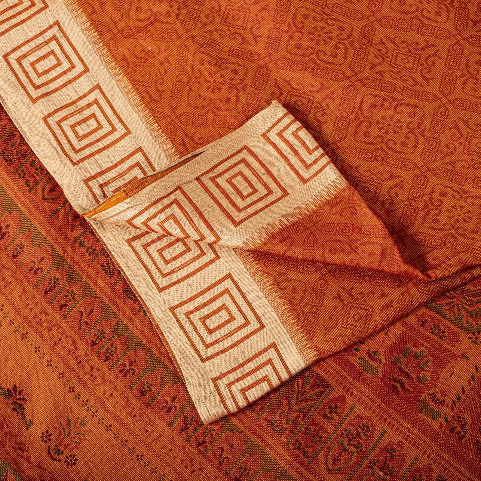 Sanskriti Vintage Orange Pure Silk Saree Geometric Print 6Yard Sari Fabric Craft