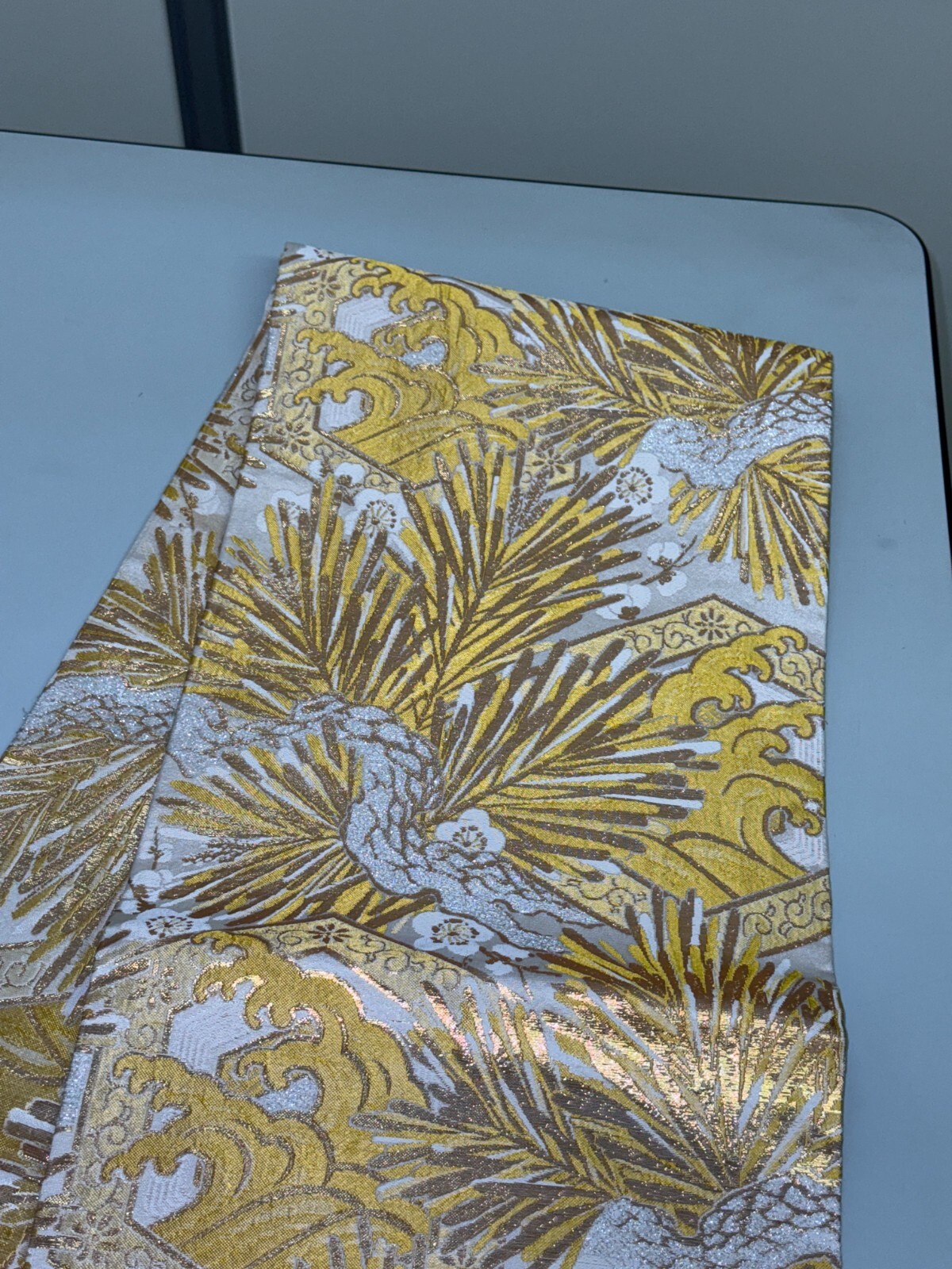 Japanese Vintage Kimono Maru Obi silk Gold Embroidery Reversible 153.5×11.8in