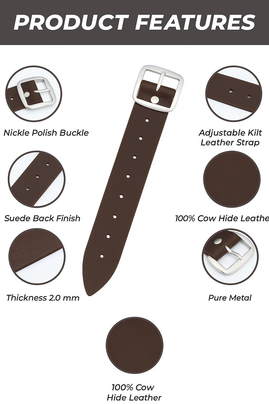 Brown Leather Kilt Extension Straps Buckle Extenders 7″ x 1.25″ Extender for Men