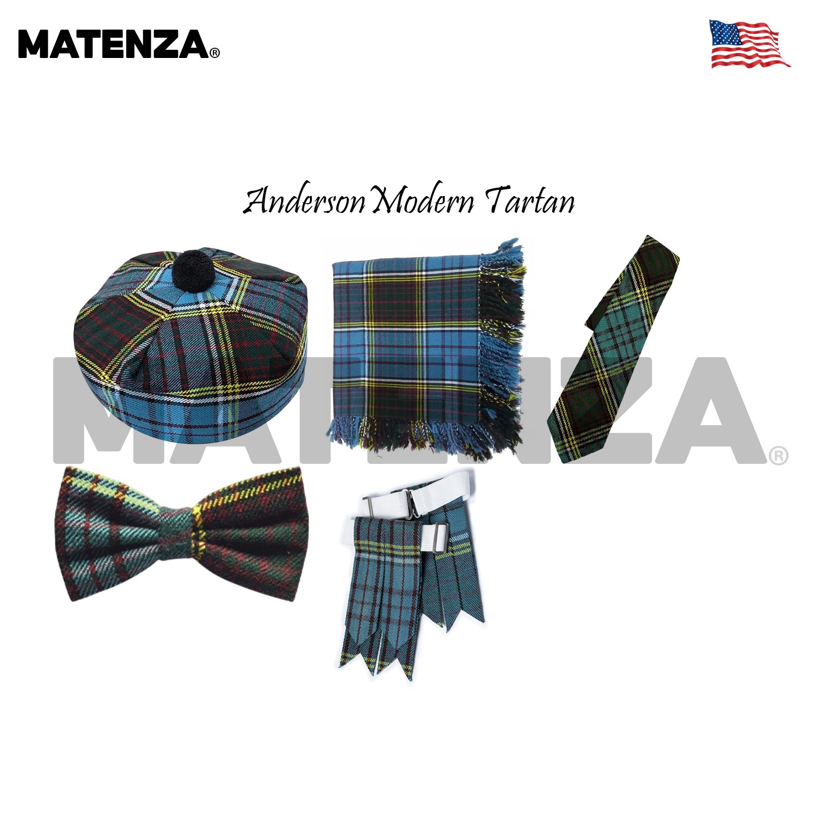 Anderson Modern Tartan 5Pc Scottish Kilt Accessories Highland Wear Set