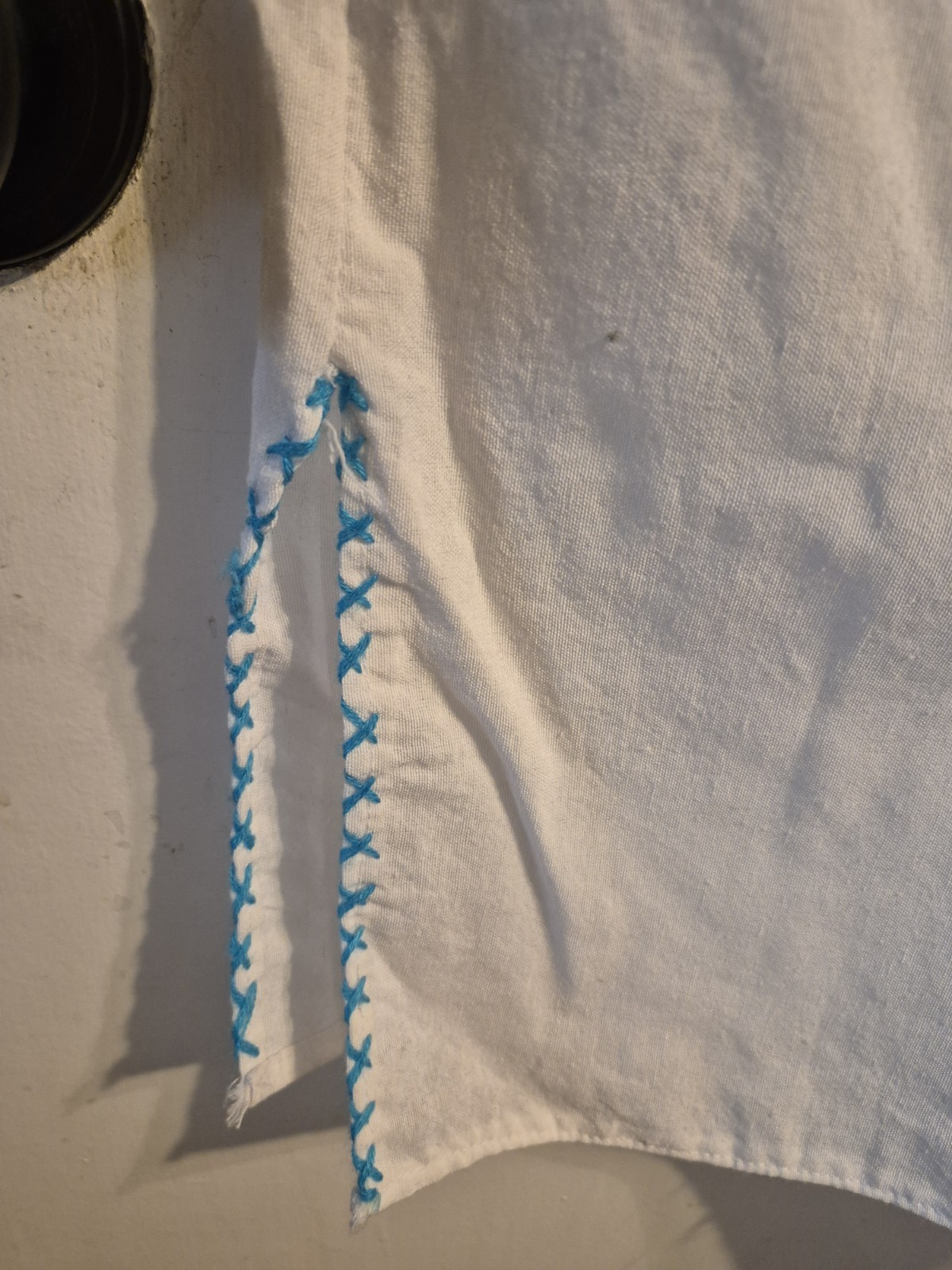 Handmade traditional puebla mexican embroidered White dress with blue floral.c1