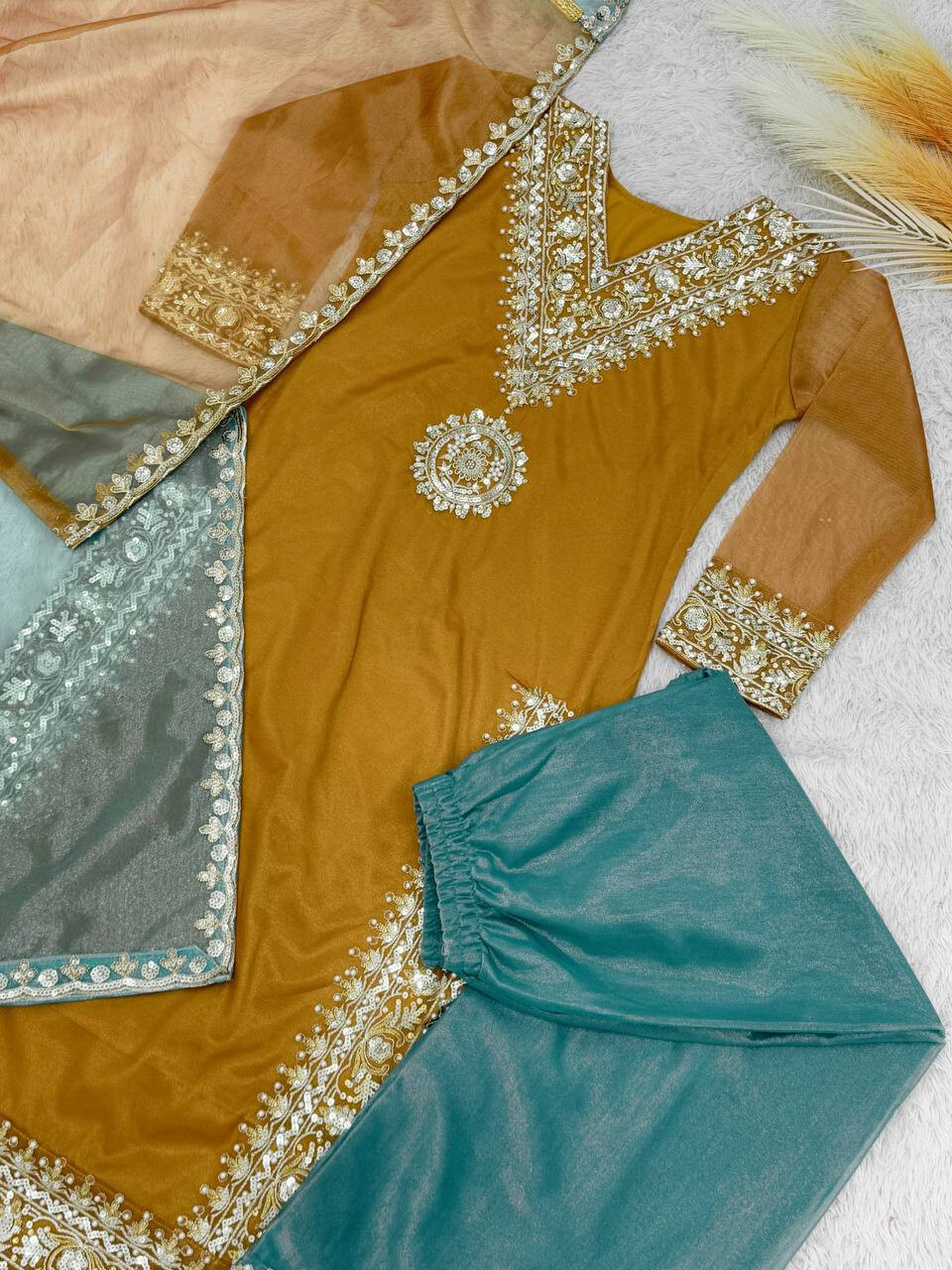 FUNCTION WEAR SOFT TWILL NET SILK PALAZZO SUIT WITH DUPATTA FOR WOMEN