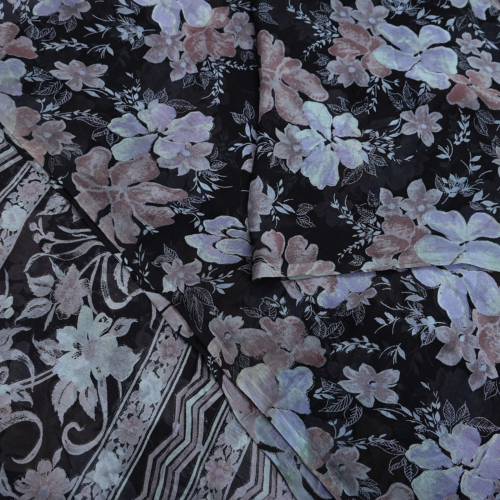 Vintage Saree Black Pure Chiffon Silk Printed Sari Craft Fabric Sewing 5Yd Soft