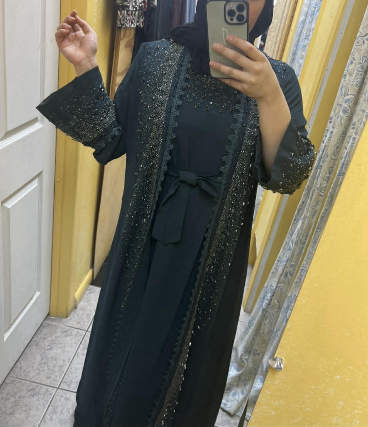 Women’s Abaya Long Sleeve Black Embellished Belted Dress Middle Eastern Style