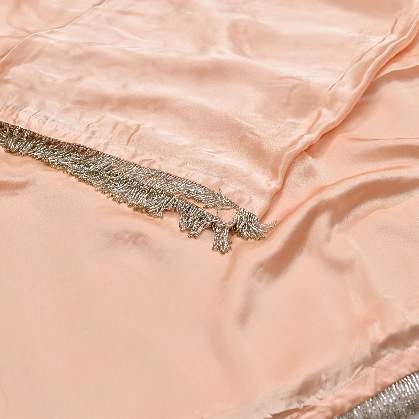 Rare Vintage Peach Pure Satin Silk Saree Hand Embroidered Fabric 5.5 Yards Sari