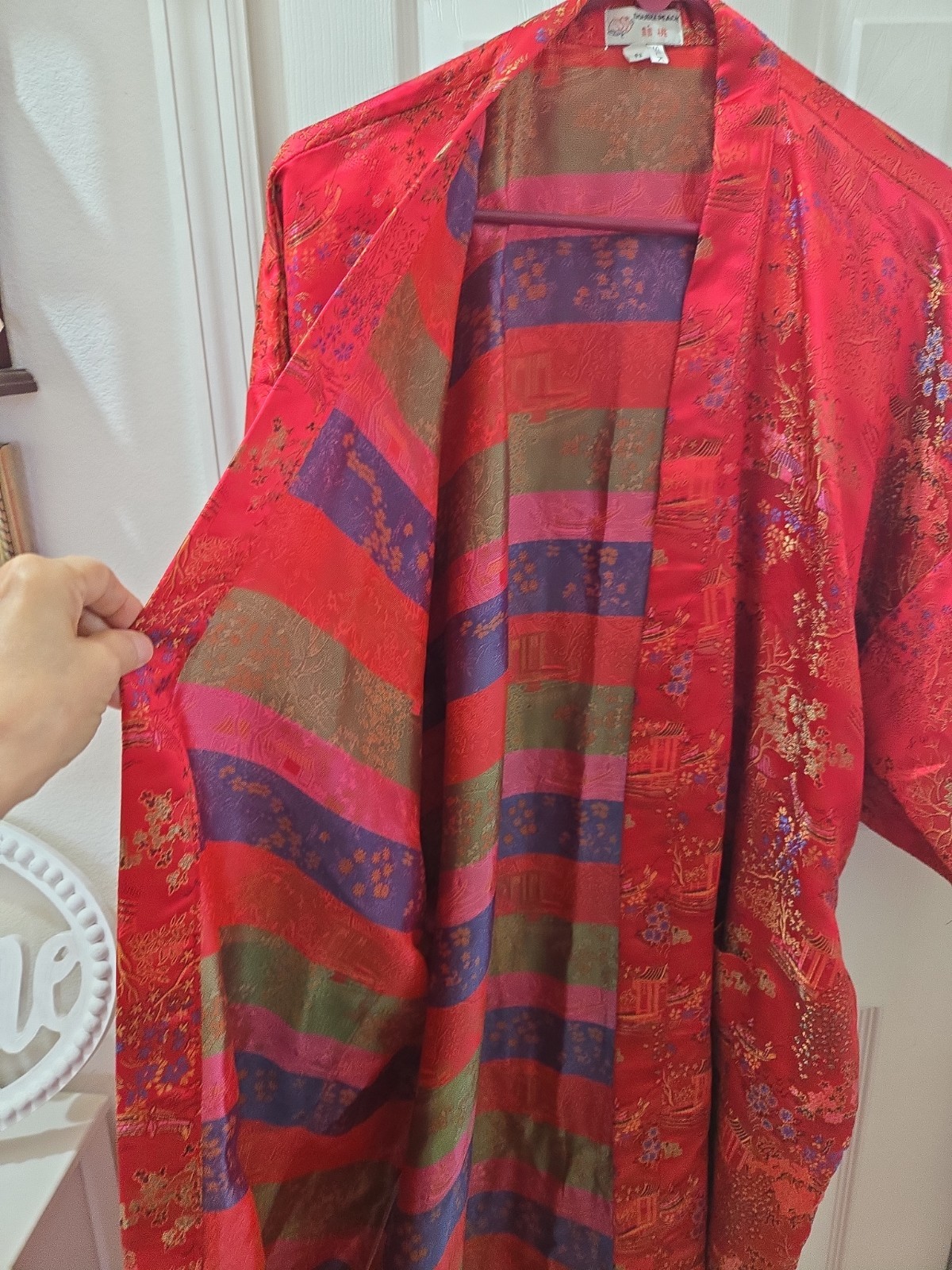 Double Peach Long Heavy Silk Red Gold Jacquard Oriental Kimono Robe Belt O/S
