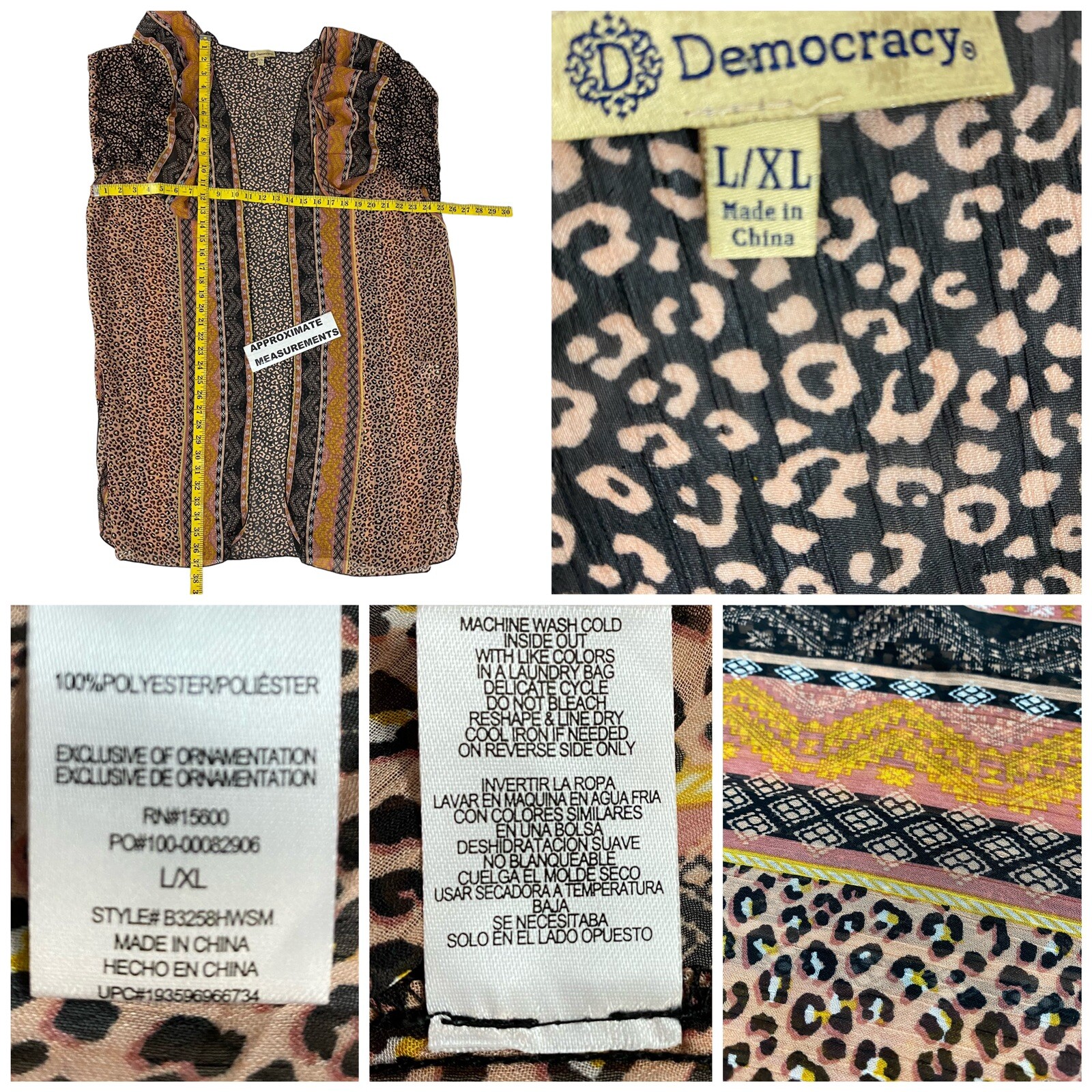 Democracy Kimono Womens Large Duster Brown Animal Ruffle Lagenlook Boho Office