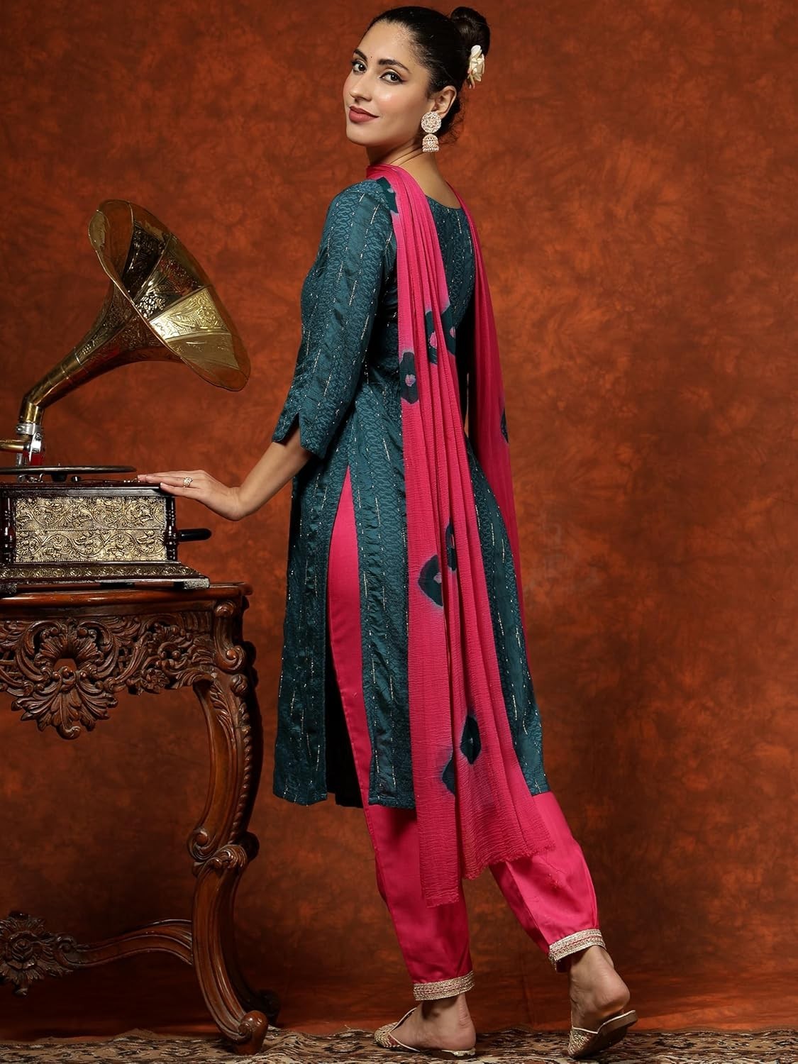 Women’s Chanderi Silk Woven Zari Mirror Work Stright Kurta Pant with Dupatta Set