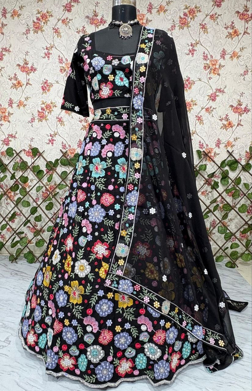 Black Georgette Embrodaried Flower lahenga choli