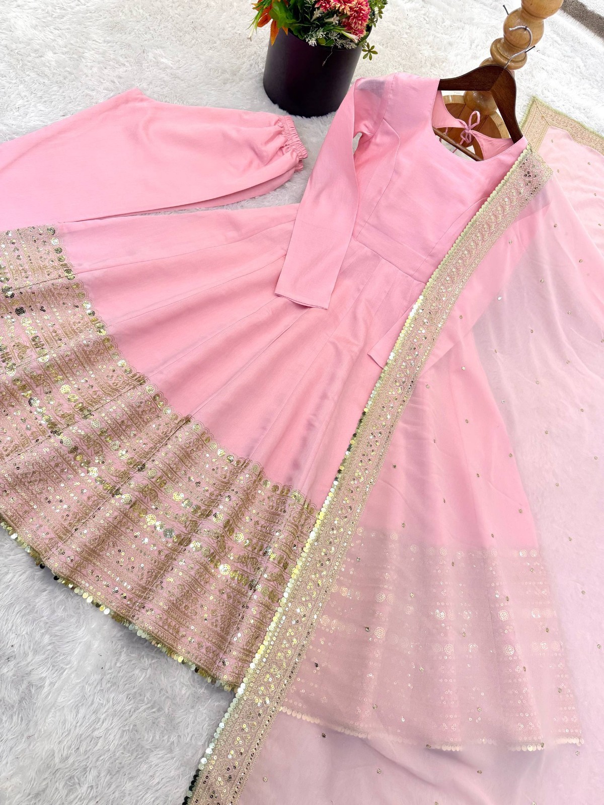 Beautiful Party Wear Pink Roman Silk Anarkali Gown With Dupatta For Women