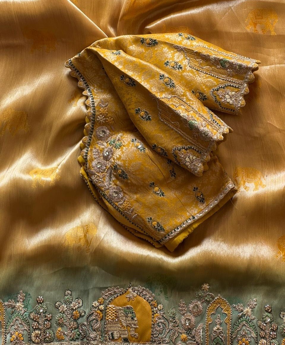 soft silk munga saree 2D dying elephant sequence applique work with blouse .