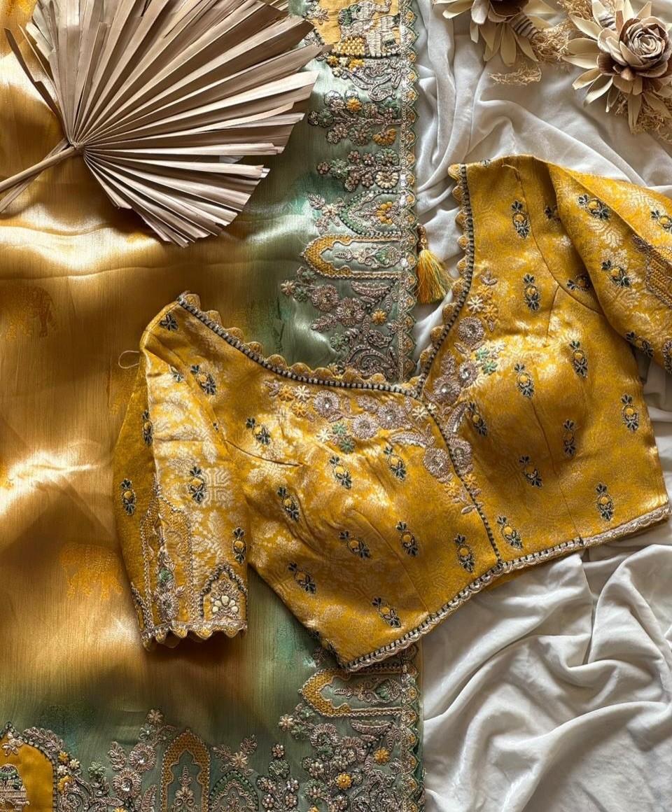 soft silk munga saree 2D dying elephant sequence applique work with blouse .