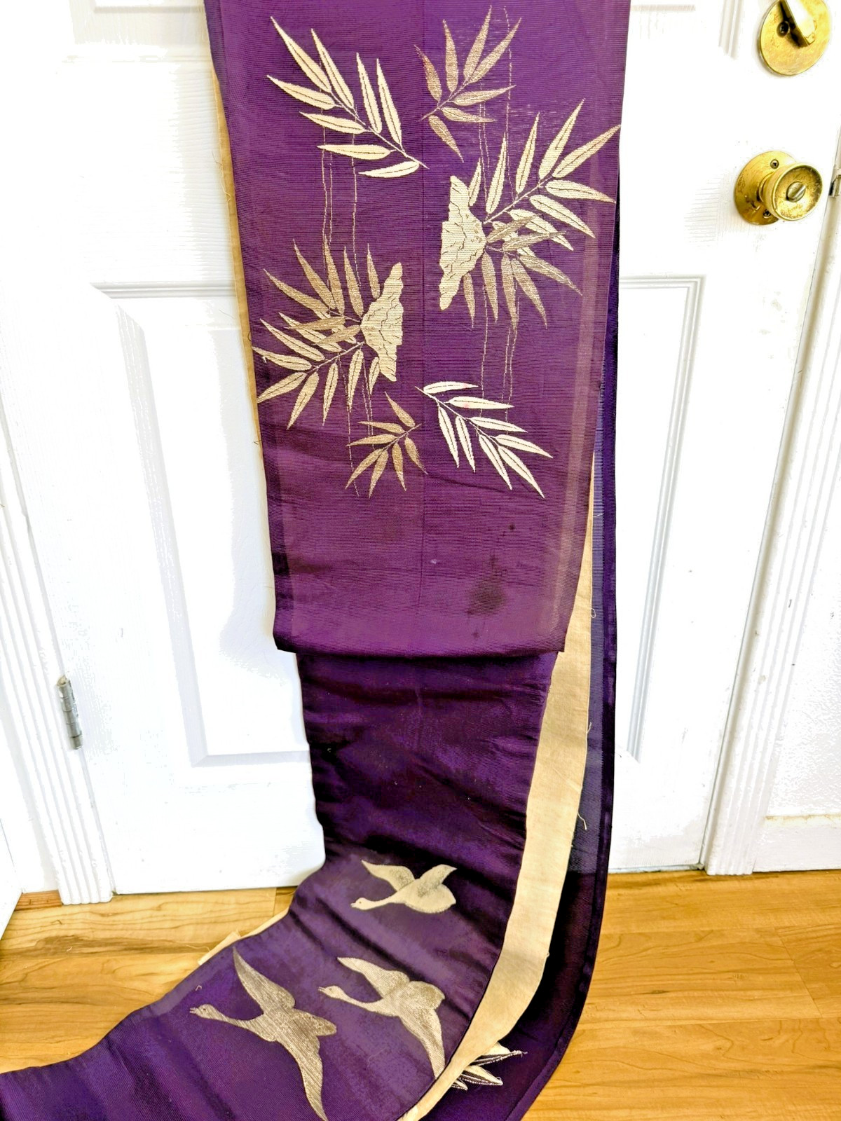 Japanese Vintage Kimono Purple Obi Sheer Silk With Silver Flying Geese and Leaf