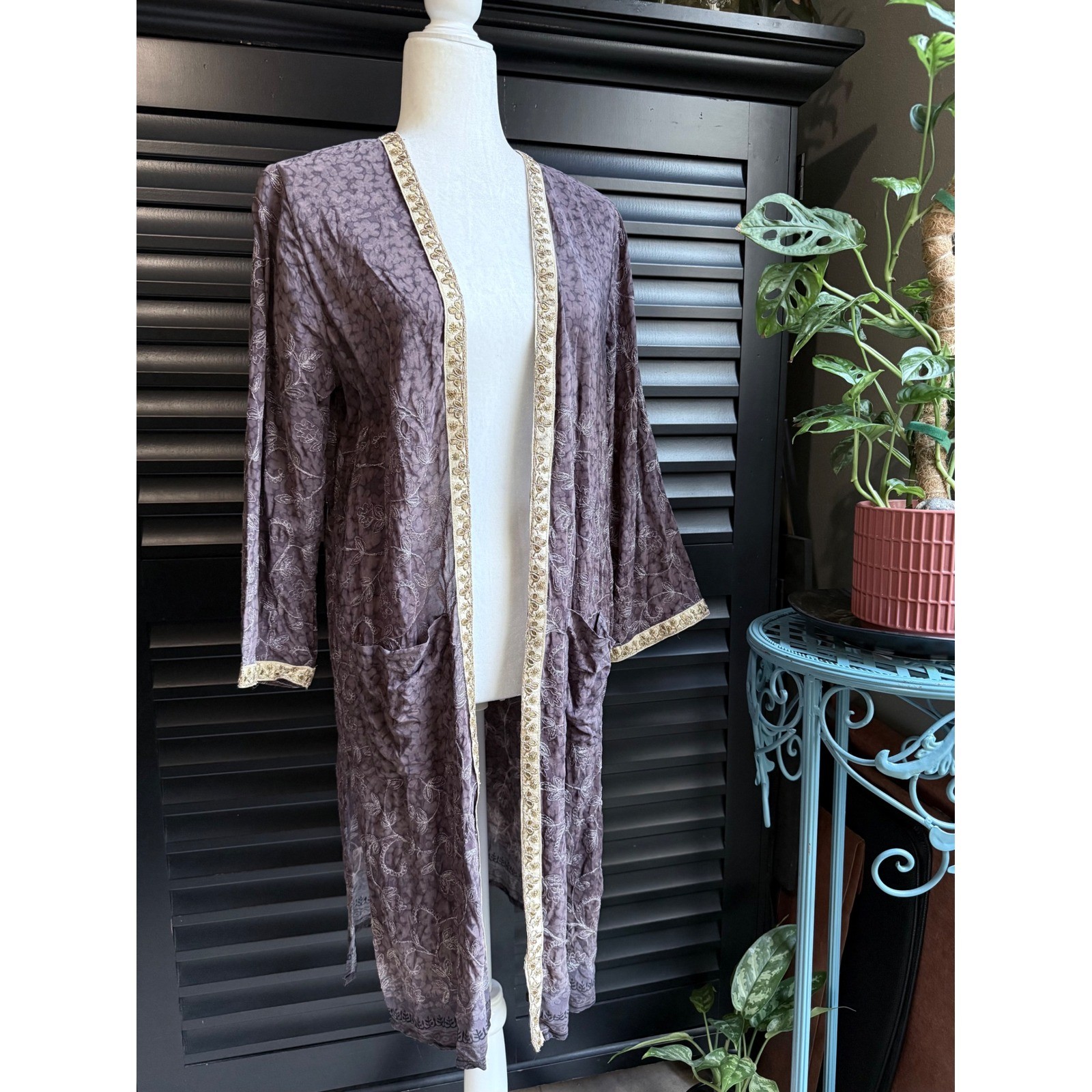 100% Silk Robe India Duster Kimono Neutral Mocha Taupe Large Pockets Embroidered
