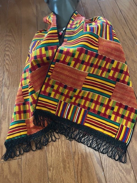 African Made Kente Scarf/Table Runner w/Black Fringes.12″X 45″ GHANA W. AFRICA.