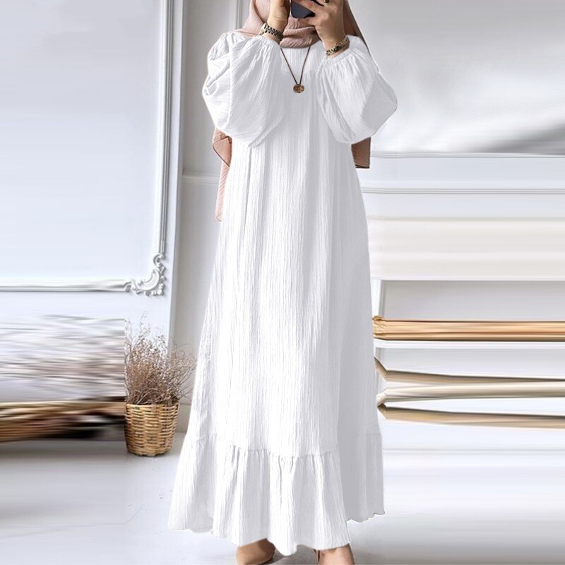 Women Dress Muslim Abaya Loose Burqa Long Sleeved Lady Plain Color Flounce Dress