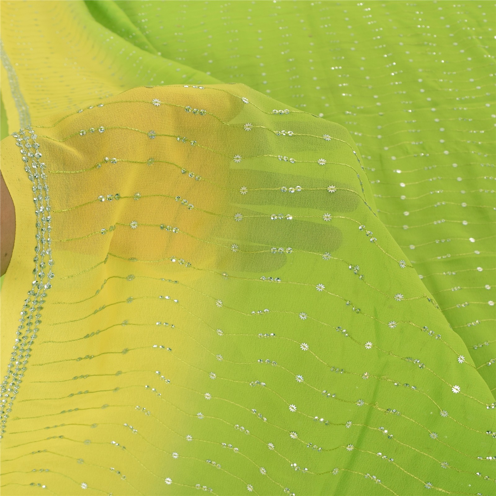 Sanskriti Vintage Lemon/Green Sarees Georgette Hand Beaded Craft Fabric Sari