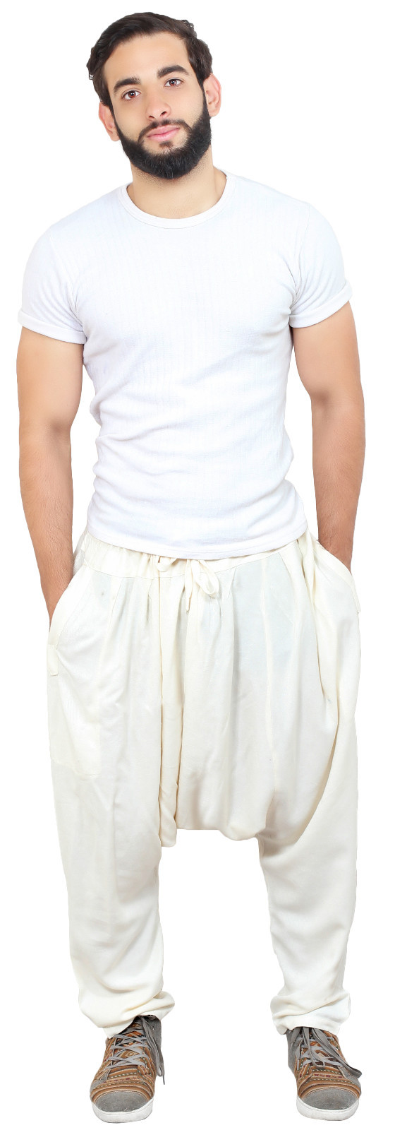 Men Hammer Pants Yoga Parachute Moroccan Linen Drawstring Fits LG-XXL Off White
