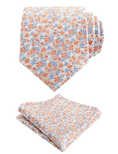Mens 3.15inches Exquisite Floral Tie with Small Flower A142-light Blue/ Orange